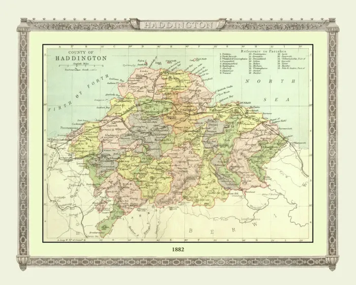 Framed Print : Old Map of the County of Haddington from the Philips Handy Atlas of 1882 Framed Print : Old Map of the County of Haddington from the Philips Handy Atlas of 1882