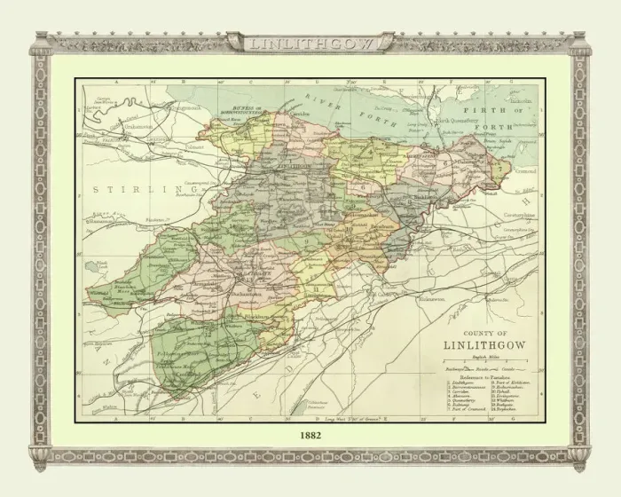Framed Print : Old Map of the County of Linlithgow from the Philips Handy Atlas of 1882 Framed Print : Old Map of the County of Linlithgow from the Philips Handy Atlas of 1882