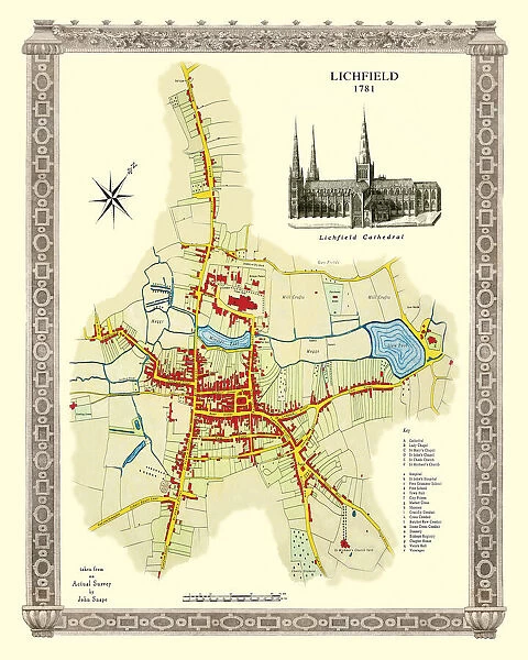 Old Map of Lichfield with inset view of Lichfield Cathedral surveyed in 1781