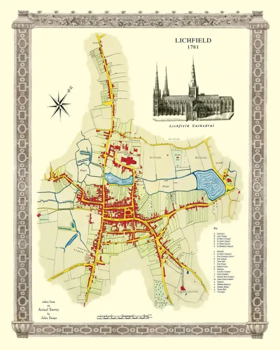Framed Print : Old Map of Lichfield with inset view of Lichfield Cathedral surveyed in 1781