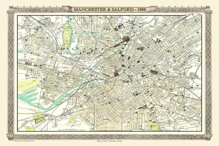 Framed Print : Old Map of Manchester and Salford 1898 from the Royal Atlas by Bartholomew