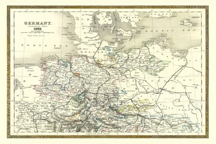 Framed Print : Old Map of Northern Germany 1852 by Henry George Collins
