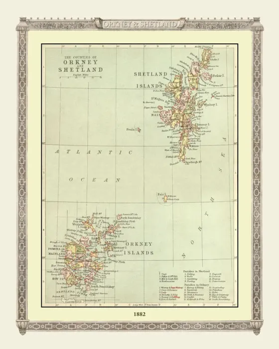 Framed Print : Old Map of the Orkney and Shetland Isles from the Philips Handy Atlas of 1882