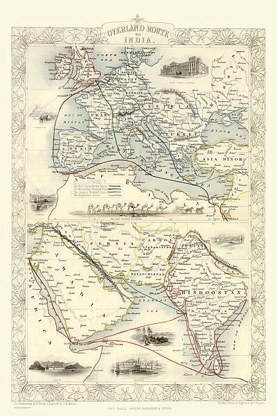 Old Map of Overland Route to India 1851 by John Tallis