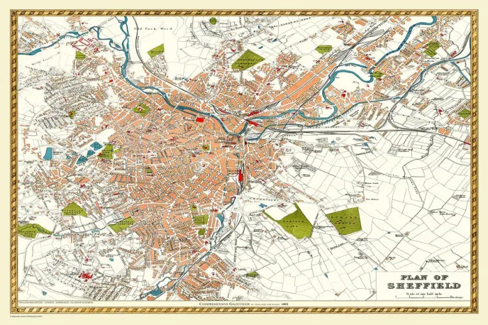 Framed Print : Old Map of Sheffield 1893 from the Comprehensive Gazetteer Atlas of England and Wales Framed Print : Old Map of Sheffield 1893 from the Comprehensive Gazetteer Atlas of England and Wales