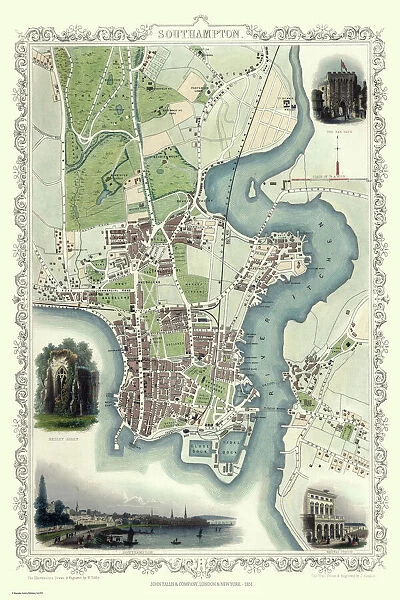 England 1800s Tallis Reprint Old Antique colour map & vignettes of Southampton 