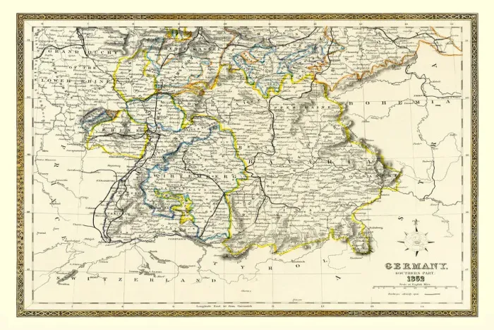 Framed Print : Old Map of Southern Germany 1852 by Henry George Collins Framed Print : Old Map of Southern Germany 1852 by Henry George Collins
