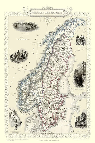 Old Map of Sweden and Norway 1851 by John Tallis