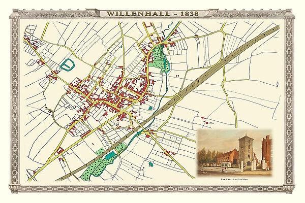 Old Map of the Town of Willenhall showing the Old Church of St Giles in 1838