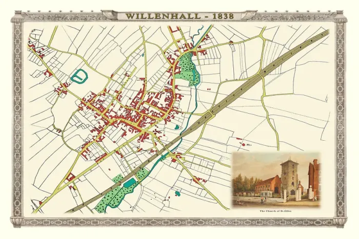 Framed Print : Old Map of the Town of Willenhall showing the Old Church of St Giles in 1838 Framed Print : Old Map of the Town of Willenhall showing the Old Church of St Giles in 1838