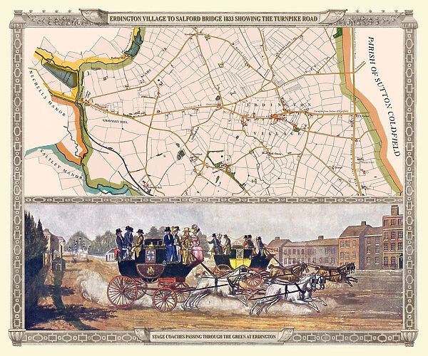 Old Map of the Turnpike Road u Erdington 1833 with Stagecoaches at 'The Green'