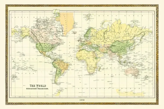 Framed Print : Old Map of The World 1858 Framed Print : Old Map of The World 1858