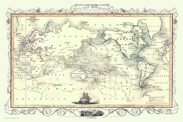 Old Map of the World on Mercator's Projection 1851 Showing the Voyages of Captain Cook by John Tallis