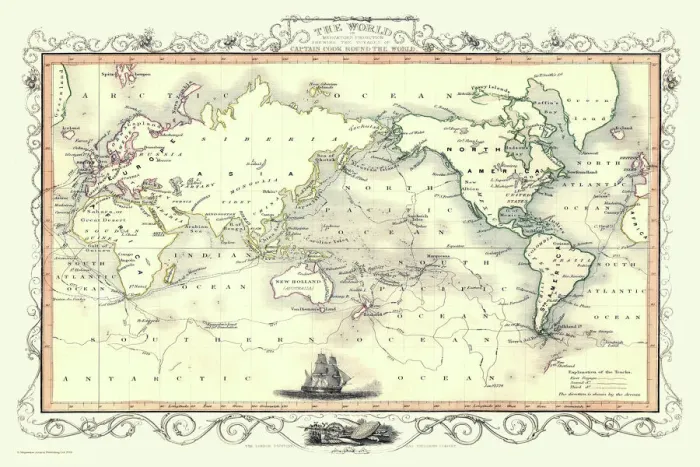 Framed Print : Old Map of the World on Mercators Projection 1851 Showing the Voyages of Captain Cook by John Tallis Framed Print : Old Map of the World on Mercators Projection 1851 Showing the Voyages of Captain Cook by John Tallis