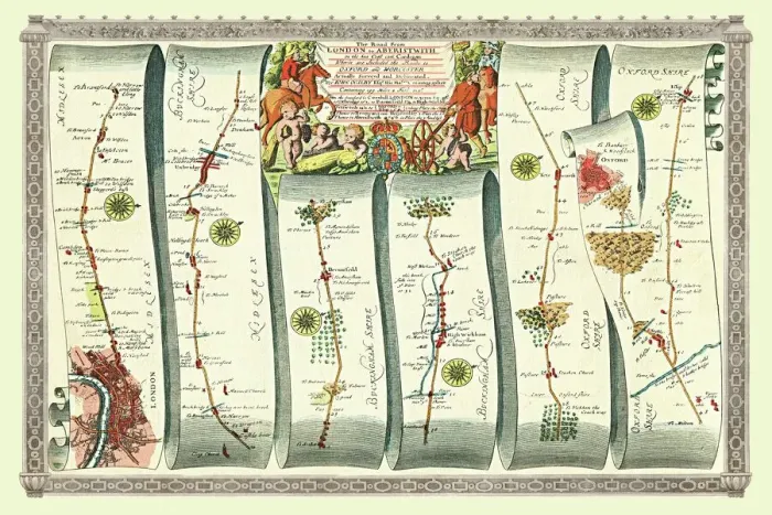 Framed Print : Old Road Strip Map (PLATE 1) The Road from London to Aberystwyth