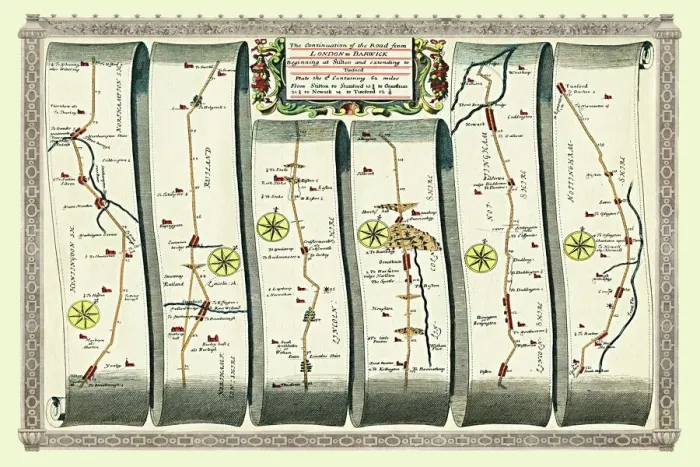 Framed Print : Old Road Strip Map (PLATE 6) The Continuation of the Road from London to Barwick