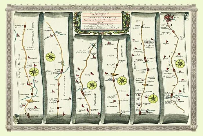 Framed Print : Old Road Strip Map (PLATE 7) The Continuation of the Road from London to Barwick