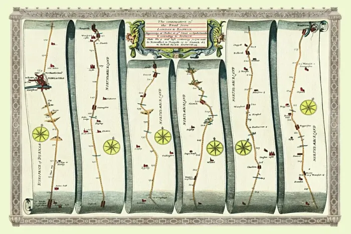 Framed Print : Old Road Strip Map (PLATE 9) The Continuation of the Road from London to Barwick