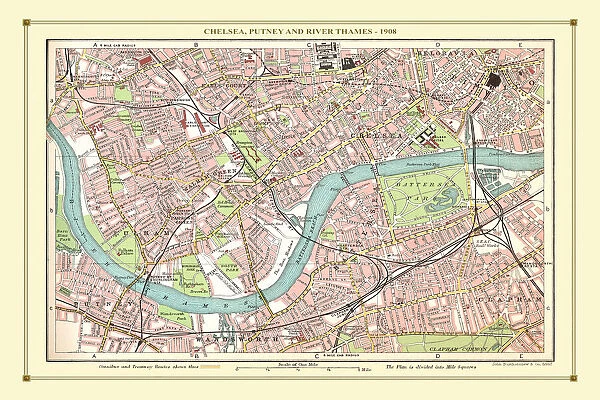 Old Street Map of Chelsea, Putney and River Thames 1908
