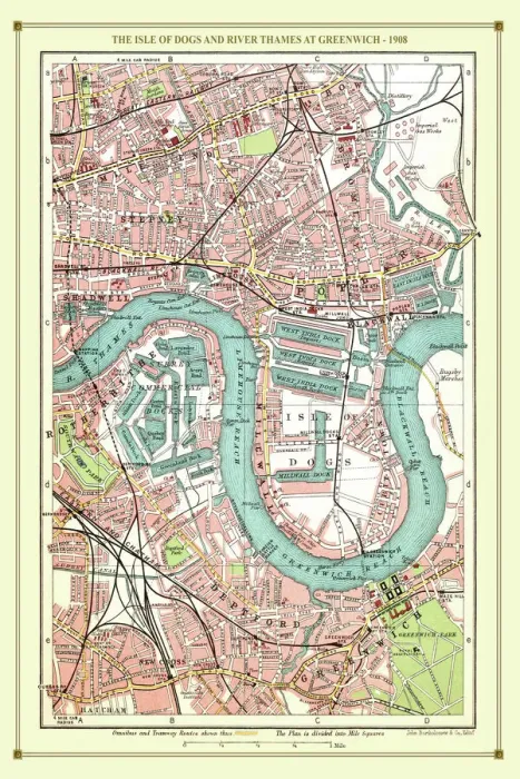 Framed Print : Old Street Map of The Isle of Dogs and River Thames at Greenwich 1908