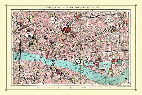 Old Street Map of London Central, East End and River Thames 1908