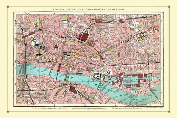 Framed Print : Old Street Map of London Central, East End and River Thames 1908 Framed Print : Old Street Map of London Central, East End and River Thames 1908