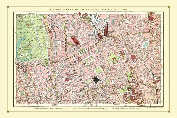 Framed Print : Old Street Map of Oxford Street, Holborn and Euston Road 1908