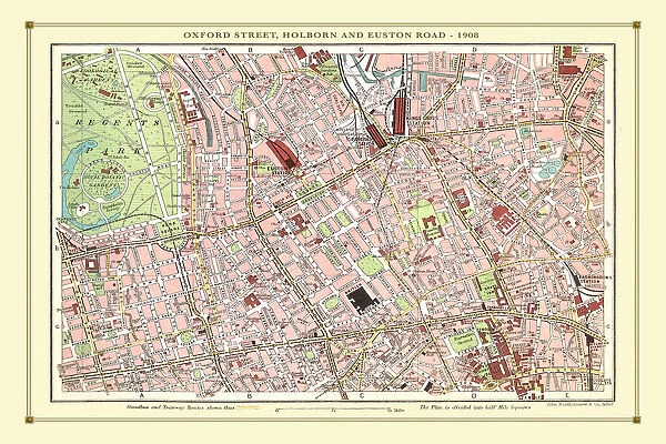 Old Street Map of Oxford Street, Holborn and Euston Road 1908