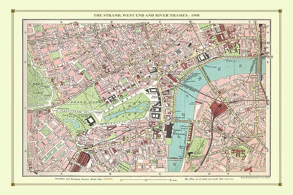 Old Street Map of The Strand, West End and River Thames 1908