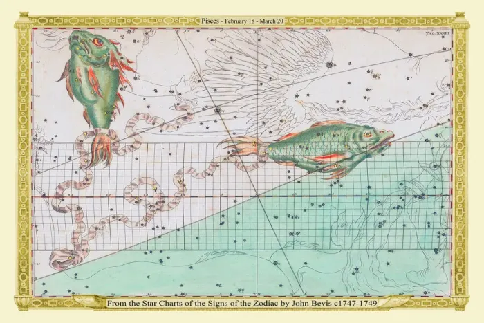 Framed Print : Signs of the Zodiac in Early Color by John Bevis ÔÇô Pisces ÔÇô February 18 ÔÇô March 20