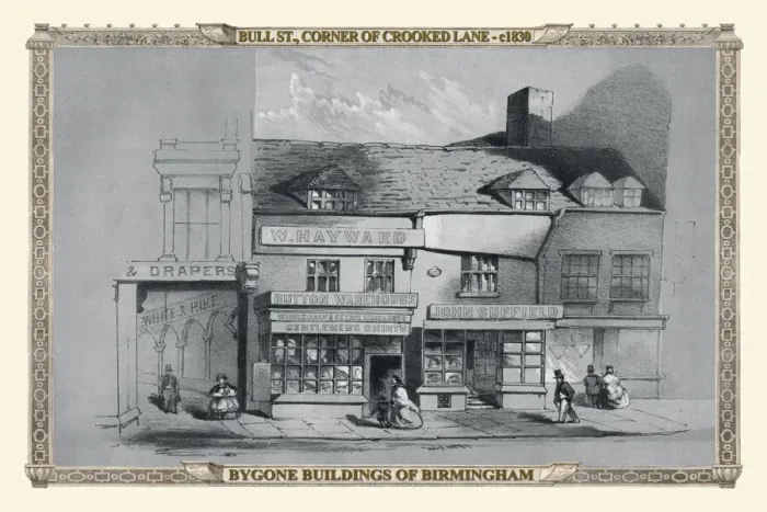 Framed Print : View on Bull Street Birmingham, corner of Crooked Lane 1830 Framed Print : View on Bull Street Birmingham, corner of Crooked Lane 1830