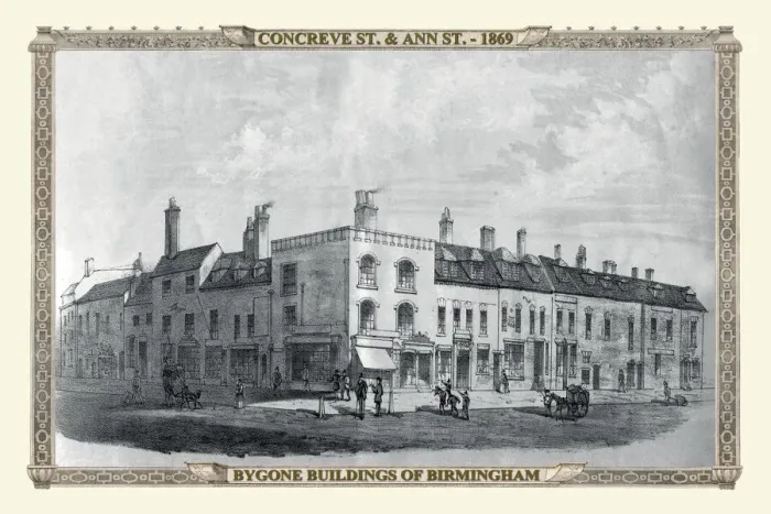 Framed Print : View of Old Buildings on the corner of Concreve Street and Ann Street, Birmingham 1869