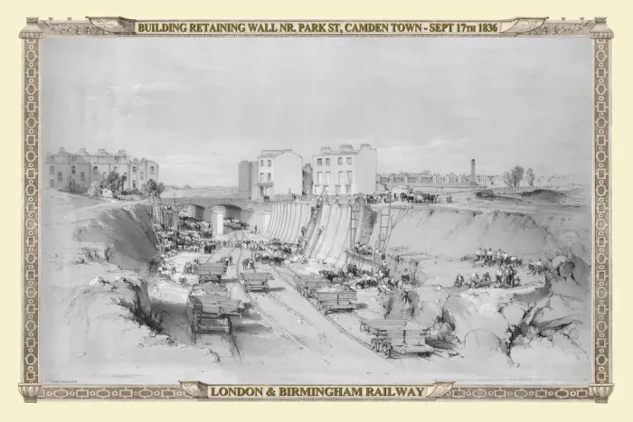 Framed Print : Views on the London to Birmingham Railway - Building the Retaining Walls at Camden Town 1836