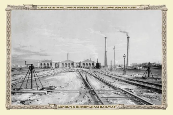 Framed Print : Views on the London to Birmingham Railway - Locomotive Engine Houses and Chimneys 1838