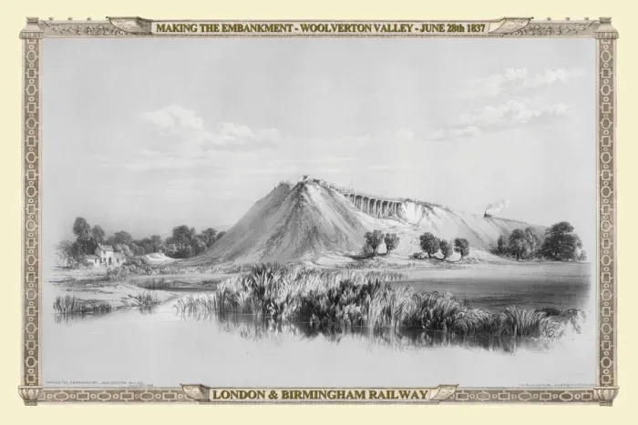 Framed Print : Views on the London to Birmingham Railway - Making the Embankment at Woolverton Valley 1837 Framed Print : Views on the London to Birmingham Railway - Making the Embankment at Woolverton Valley 1837