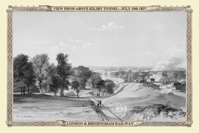 Framed Print : Views on the London to Birmingham Railway - View Above Kilsby Tunnel 1837