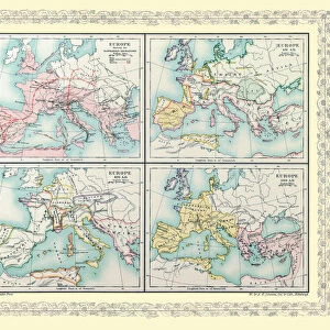 Map of Europe showing the Barbarian Migrations and how Europe appeared between Ad 451 and AD 500 on 4 map panels