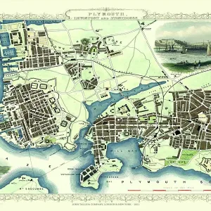 Mapa antiguo de Plymouth, Devonport y Stonehouse 1851 por John Tallis.