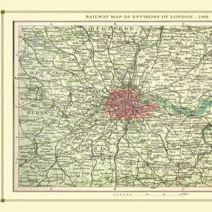 Old Map of the Railways of the Environs of London 1908 by Bartholomew