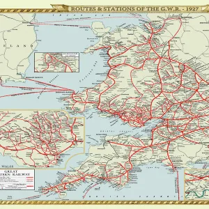 Old Map of the Routes and Stations of the Great Western Railway 1927