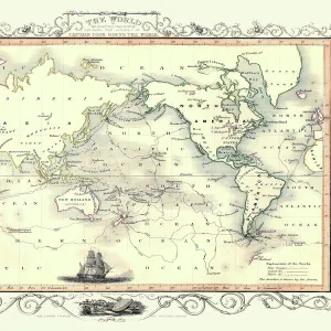 Old Map of the World on Mercators Projection 1851 Showing the Voyages of Captain Cook by John Tallis