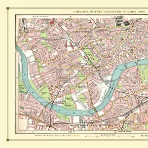 Old Street Map of Chelsea, Putney and River Thames 1908