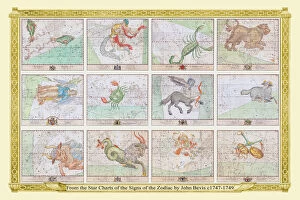 Images Dated 5th August 2022: Complete Set of Bevis Star Charts of the Signs of the Zodiac in Early Color