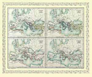 Old Maps of Europe and Small Islands of Europe PORTFOLIO Collection: Map of Europe showing how it appeared between AD 565 and AD 720 on 4 map panels for each period