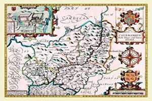 Wales and Counties PORTFOLIO Collection: Old County Map of Carmarthenshire 1611 by John Speed
