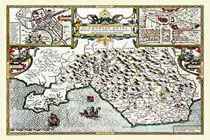 Wales and Counties PORTFOLIO Collection: Old County Map of Glamorganshire, Wales 1611 by John Speed