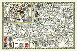 Old English County Map Gallery: Old County Map of Somersetshire 1611 by John Speed