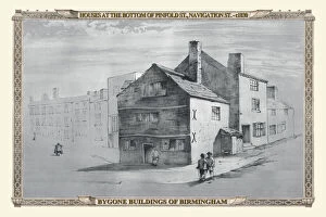 Bygone Birmingham Gallery: Old Houses at the bottom of Pinfold Street and Navigation Street, Birmingham 1830