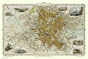 Images Dated 5th November 2020: Old Map of Birmingham 1851 by John Tallis