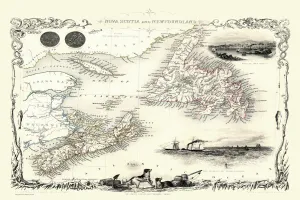 Maps of Canada, Newfoundland, Nova Scotia And Alaska PORTFOLIO Gallery: Old Map of Nova Scotia and Newfoundland 1851 by John Tallis